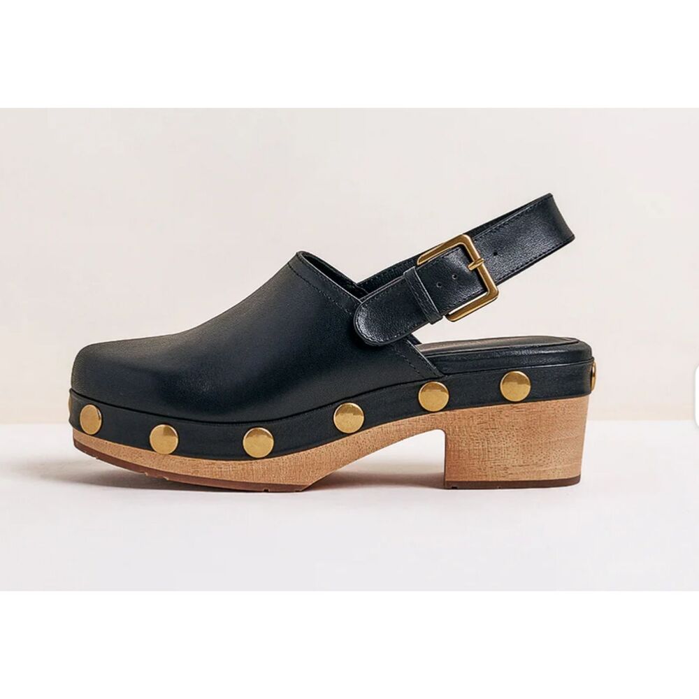 Charlotte Stone Jona Black Leather Clog Sandals 9 Studded Platform Wood Heel
